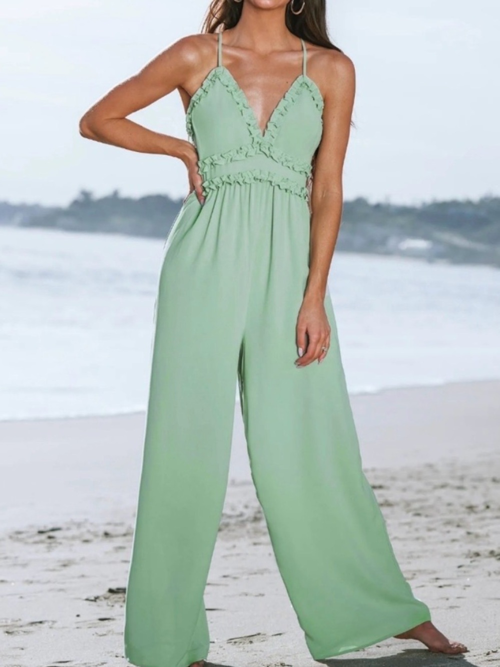 Cupshe Mint Green Ruffle V-Neck Wide-Leg Jumpsuit